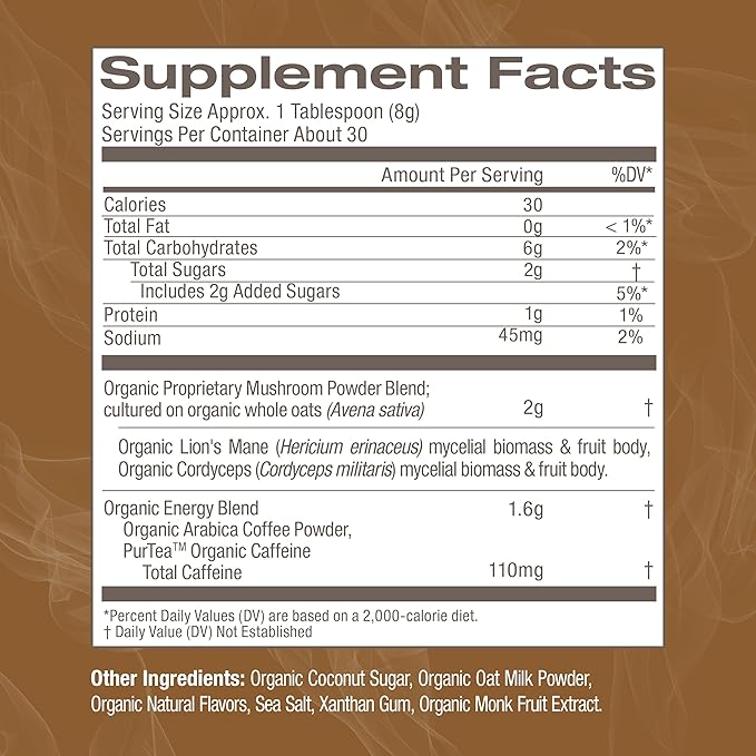 OM MUSHROOM SUPERFOOD Coffee Latte Blend Mushroom Powder, 8.47 Ounce Canister, 30 Servings, Lion's Mane, Cordyceps, Reishi, Chaga, Energy & Mental Clarity Support Supplement