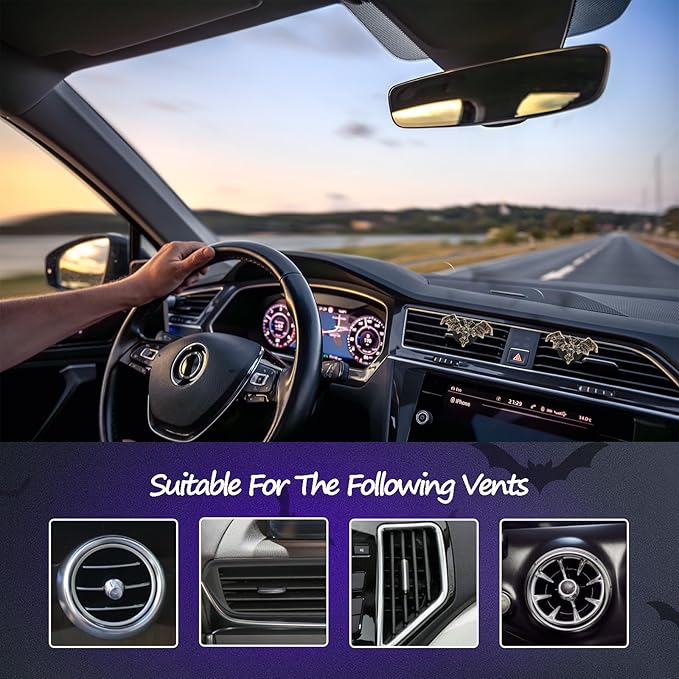 Gothic Car Decor,Bling Bat Car Air Freshener Vent Clip,Dark Style Rhinestone Vehicle Interior Dashboard Decoration for Teens,Refillable Clip on Diffuser