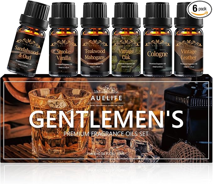 Men Essential Oils Set - 6 Premium Fragrance Oils for Diffusers for Home, Candles & Aromatherapy | Leather, Sandalwood, Cologne, Smoke Vanilla, Oak, Mahogany Scents | Gift Set for Men, Father's Day