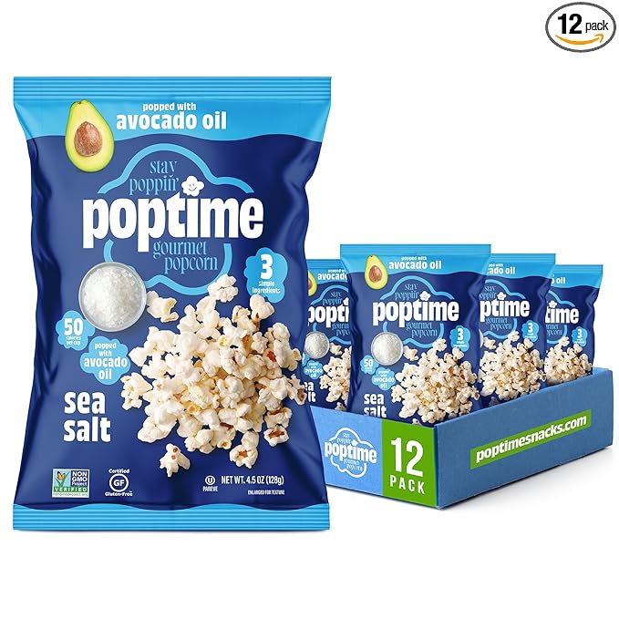 Poptime Gourmet Popcorn Snack Bags – Sea Salt Popcorn Bags, Healthy Snack Popped With Heart-Healthy Avocado Oil, Crunchy, Gluten Free, Vegan, Low Calorie, Kosher, Non-GMO - 4.5 oz - Pack 12