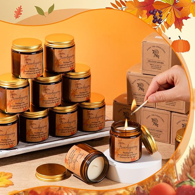 12 Pcs Thanksgiving Gifts Fall Scented Candles Set 3.5 Oz Soy Wax Pumpkin Scented Glass Jar Candle Friendsgiving Gift for Friends Coworker Women Men Autumn Birthday (Amber)