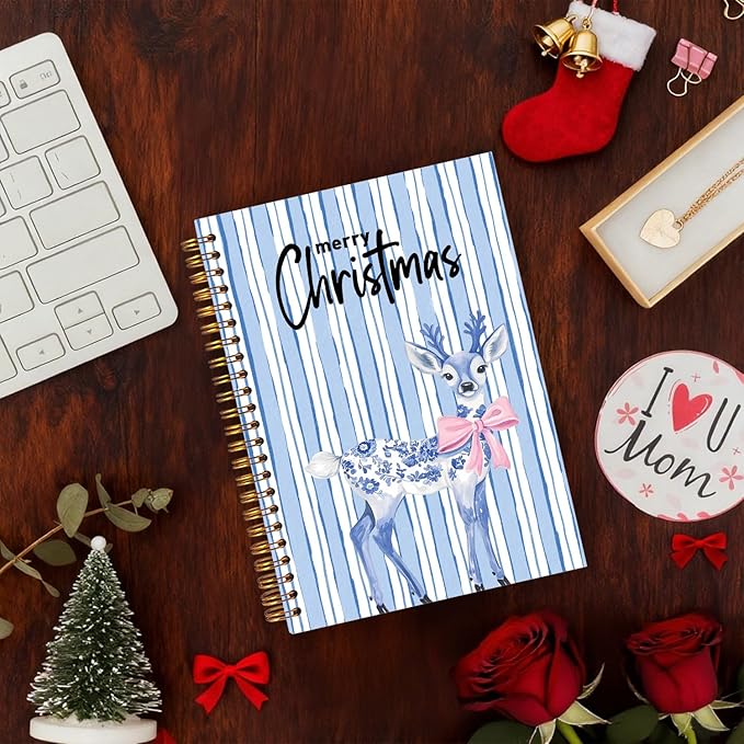 Exqcom Blue Chinoiserie Christmas Deer Spiral Notebook Gifts, Coquette Pink Bow Merry Xmas Journal for Women, Grandmillennial Christmas Hardcover Notebook Journal Office School Supplies, 5.5x8.3 Inch