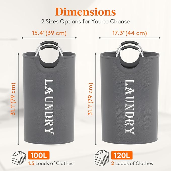 Lifewit 120L 2-Pack Large Laundry Basket, Collapsible Laundry Hamper with Aluminum Handles, Waterproof Freestanding Dirty Clothes Hampers for Laundry Room Bedroom Dorm Bathroom, Grey