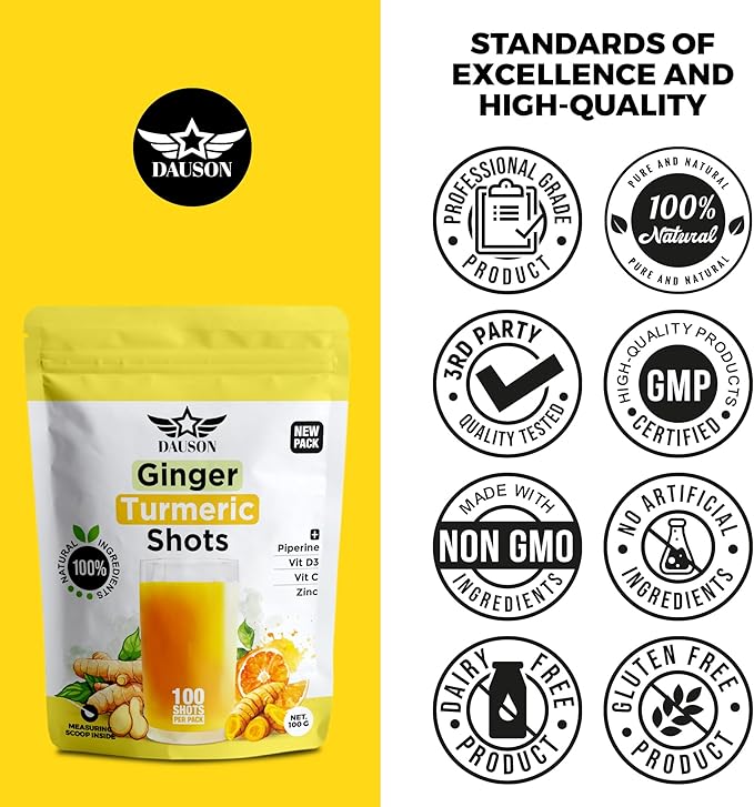 Ginger Turmeric Supplements with Piperine, Vitamin C, Vitamin D3 & Zinc | Turmeric Ginger Shots for Joint, Heart, Brain, Gut & Skin Health | 100 Servings | Ayurvedic | Powder