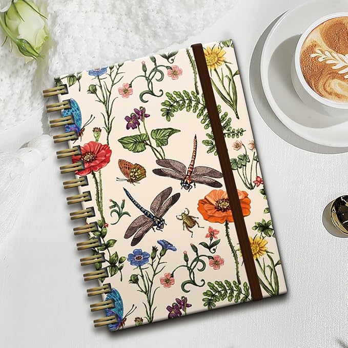 Cute Spiral Notebook, Journal for Women, Hardcover Spiral Journal, 5.5 x 8.3 Inches, 120 Pages,100gsm Paper, for Gifts Nurse Teacher Women Office Supplies(Cute dragonfly Flower)