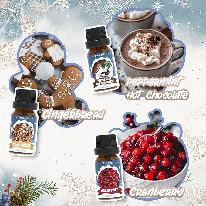 Winter Essential Oils Set, Fragrance Oil Gift Set for Oil Diffusers, Scented Oils for Soap 6x10ml - Forest Pine, Spiced Apple Cider, Cinnamon, Mint Hot Chocolate, Gingerbread, and Cranberry