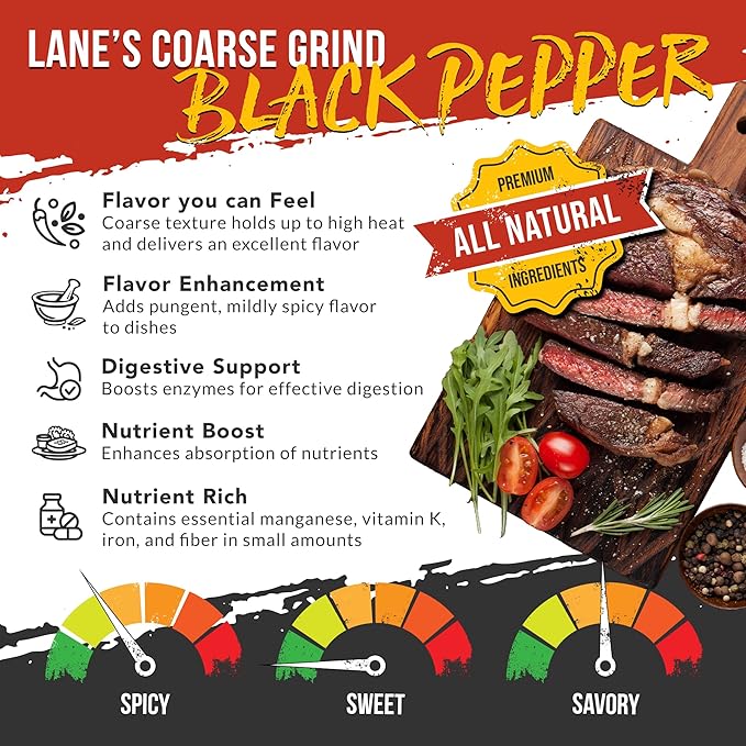 Lane's 16 Mesh Coarse Black Pepper Ground, 8 oz - Premium Coarse Ground Black Pepper Seasoning with Bold Flavor, Slow-Release Heat, Ideal for Grilling & Cooking, Gluten-Free Spice, No Preservatives