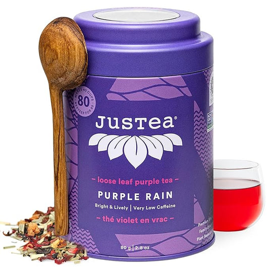 JusTea PURPLE RAIN | Loose Leaf Purple Tea | Tin with Hand Carved Tea Spoon | 40+ Cups (2.8oz) | Very Low Caffeine | Award-Winning | Fair Trade | Non-GMO