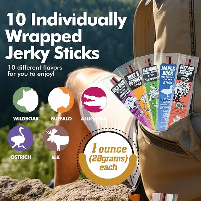 Jerky-n-Spice Wild Game Exotic Meat Sticks (10-Pack) | Ultimate Beef Jerky | Savory Snacks Variety Pack for Adults | Perfect Gifts for Anniversary, Camping, Hunting & Birthday Events
