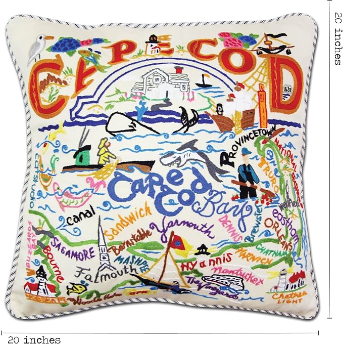 Catstudio Cape Cod Embroidered Pillow - U.S. City Souvenir Decorative Throw Pillow with Original Artwork for Cape Cod Lovers, Travel Souvenir