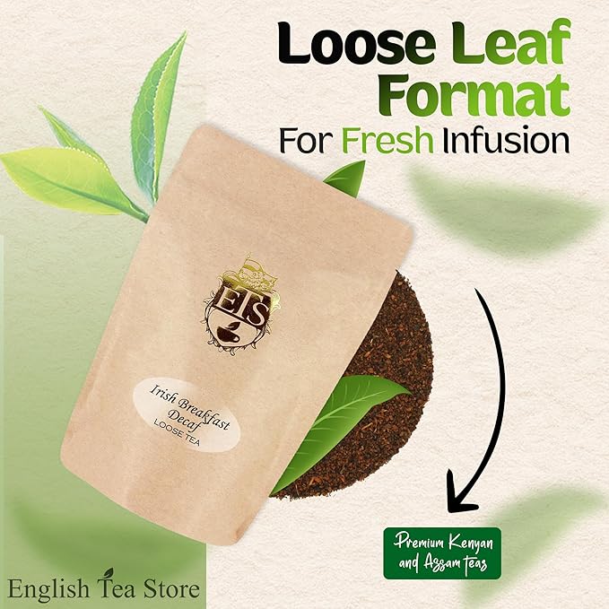 CO2 Decaffeinated Irish Breakfast Tea Pouches - 4oz | Loose Leaf Black Tea | Bold Full-Bodied Flavor | Blend of Assam and Kenyan Teas | Naturally Decaffeinated Using CO2 Process