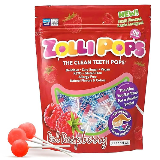 Zollipops Clean Teeth Pops Sugar Free Candy with Xylitol, Dye-Free Lollipops - Keto & Diabetic-Friendly, Dentist-Approved Treats for Kids (Raspberry, 3.1 oz)