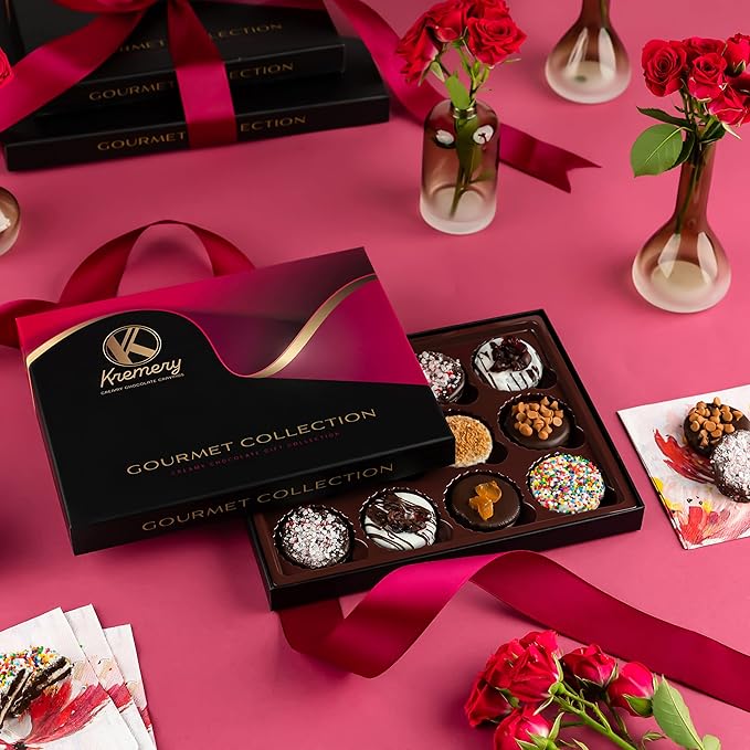 KREMERY Creamy Chocolate Cravings - Diwali Sweets Hamper Chocolate Covered Sandwich Cookies & Cream Gift Basket, in Elegant Gift Box (12 Cookies, Assorted Sweet Toppings)