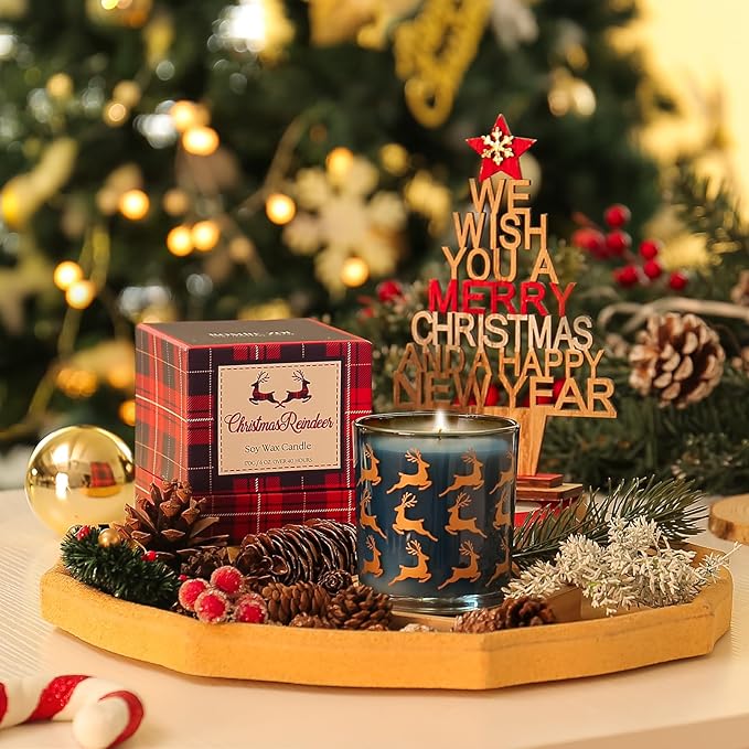 ROMIIE ZOI Christmas Scented Candle - 6oz Soy Wax Candle, Christmas Reindeer, Infused with Peppermint Aroma - Scottish Plaid Navy and Red Gift Box for Holiday Season Gift