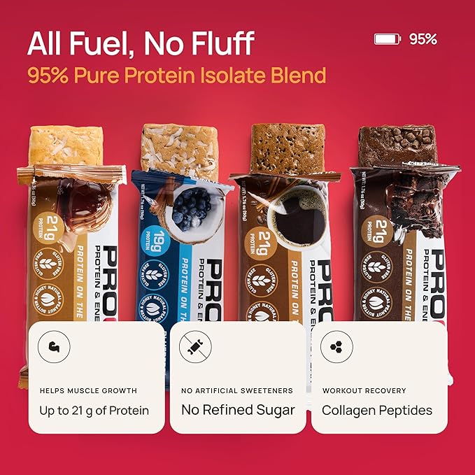 ProGo Protein Bars, Low Sugar, High Protein Snacks (Up to 21g) - 95% Pure Isolate for Faster Muscle Growth & Recovery, Low Calorie, Sweetened w/Peanut Butter & Raw Honey (4-Count, Starter Pack)