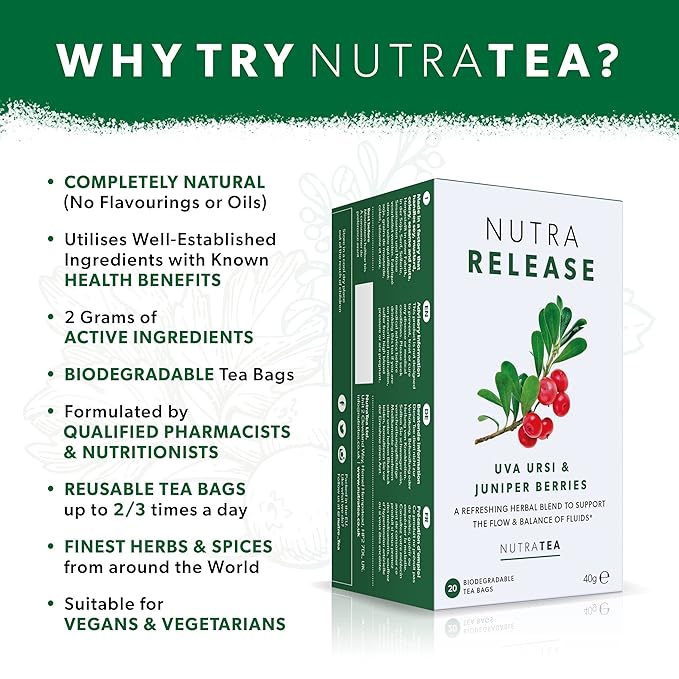 NUTRARELEASE - Water Retention Tea | Bloated Stomach Tea - Natural Diuretic For Water Balance - Includes Dandelion Root & Bearberry - 40 Enveloped Tea Bags - by Nutra Tea - Herbal Tea - (2 Pack)