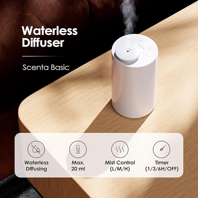 Airversa Waterless Diffuser for Essential Oil, Battery Operated Nebulizer, 0.7 Fl.Oz./ 20mL Capacity, Mini Scent Air Machine, 3 Countdown Timers & 3 Mist Levels for Home, Room, Car, Office - AN6 White
