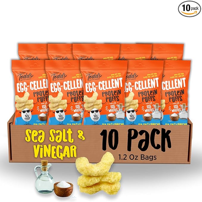 Todd's Better Snacks Egg-Cellent Protein Puffs, Sea Salt & Vinegar – 12g Protein, Gluten-Free, Paleo-Friendly, Baked, GLP-1 Compliant – Healthy Snack, Made with Egg Whites – 1.2 Oz (Pack of 10)