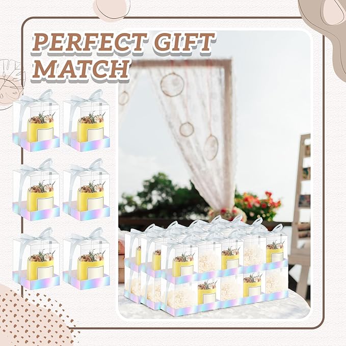 Cunno 36 Set 3.5 x 3.5 x 4.3 in Candle Package Transparent Gift Box 4-18 oz Handmade Tealight Candle Holder Bulk Paper Bottom Ribbon for Wedding Baby Shower Party Mug Cake Wine Glasses(Silver)