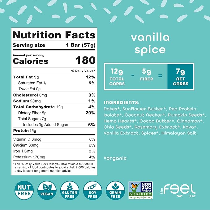 Feel Vegan Protein Bars | Vanilla Spice | Keto | Gluten Free | Organic | Kava | 15g Protein | Low Carb | Dairy Free | Grain Free | Soy Free | Nut Free | Low Sugar | Non GMO - 10 Pack