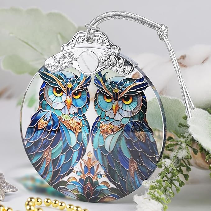 Christmas Ornament, 2025 Ornaments for Christmas Tree, Stained Glass Hanging Ornament, Holiday Ornaments, Unique Gift Idea - A Pair of Owls