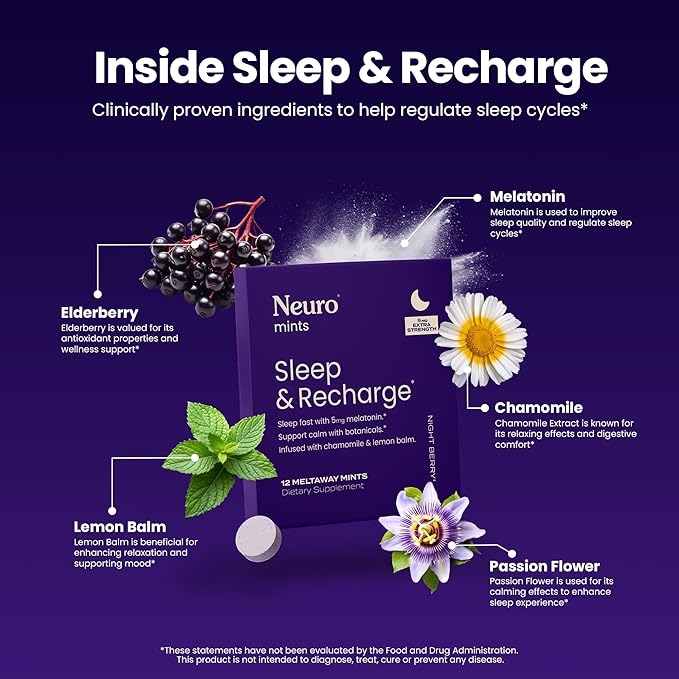 Neuro Melatonin 5mg Sleep & Recharge Mints (72 Pieces) - Fast Dissolve Melatonin Sugar Free Mints with Lemon Balm & Chamomile for Better Sleep - Calm Sleep Supplement for Adults - Night Berry Flavor