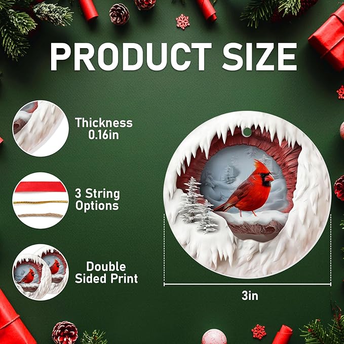 34HD Gifts for Christmas, Cardinal Ornament Ceramic 2-Side Printed, Bird Xmas Holiday Trees Decorations, Animal Memorial Gifts for Women Men Daughter