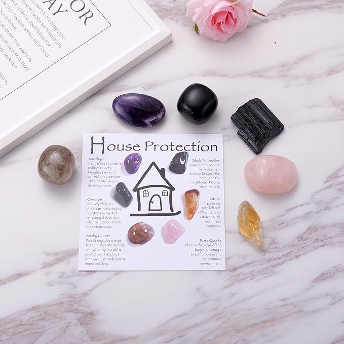 House Protection Crystal Set – Home Protection Crystals for Negative Energy Removal, EMF Cleansing & Spiritual Blessing – New Home Gift, Housewarming Kit, Healing Stones