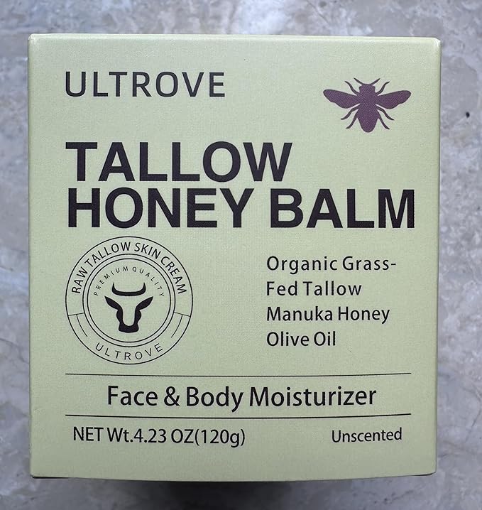 Beef Tallow and Honey Balm for Skin, Natural Face + Body Moisturizer with Organic Grass-Fed Beef Tallow & Raw Wild Honey for Dry & Sensitive Skin, 4.23oz
