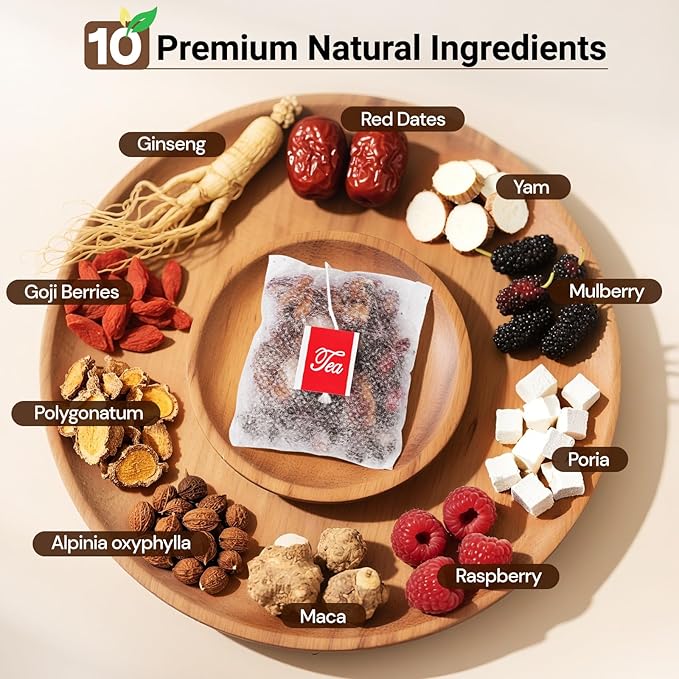 Ginseng Ten Treasure Tea, Natural Chinese Herbal Kidney Cleanse Detox Tea Support Liver & Kidneys Health for Men Women, No Additives, Caffeine Free, 10 Premium Ingredients Blend（50 Bags/2 Pack)