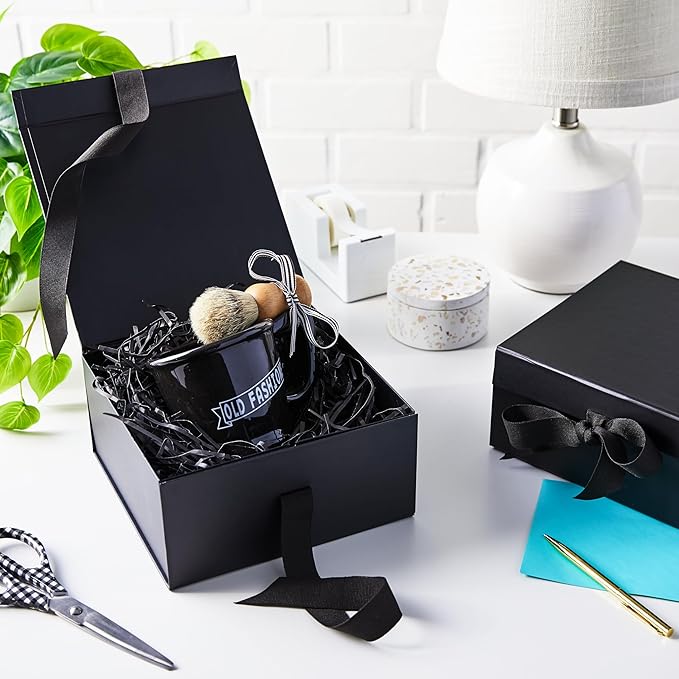 Hallmark Medium Gift Boxes with Bow and Shredded Paper Fill, Pack of 2 (Black 8 inch Box) for Weddings, Graduations, Birthdays, Father's Day, Groomsmen Gifts, All Occasion
