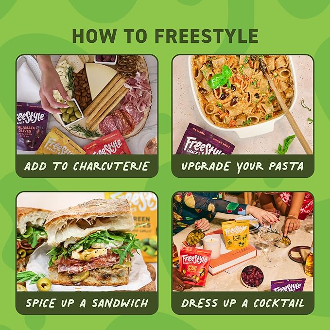 Freestyle Snacks Olive Snack Packs - Fresh Pitted Green Olives, 3 Flavors, Jumbo-Sized, Grown in Greece, Salty Snack, All Natural, Non-GMO, Paleo, Sugar-Free, Keto Snacks - Variety Pack, 4oz (3 Pack)