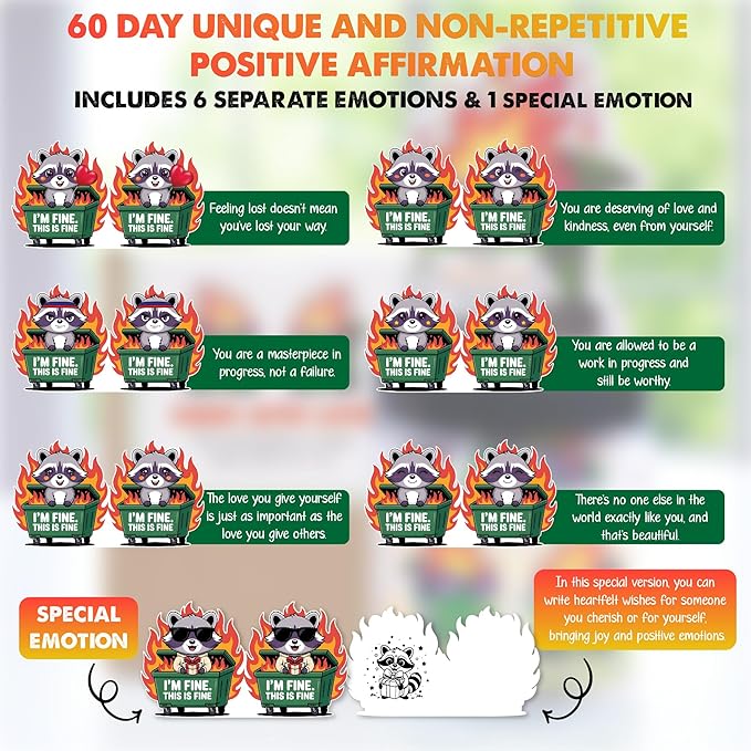 Funny Raccoon Dumpster Fire Affirmation Jar – 60 Sarcastic Positive Notes for Emotional Support, Mini Dumpster Fire Gift for Coworkers, Funny Office Desk Decor & Stocking Stuffers – SOLMAY