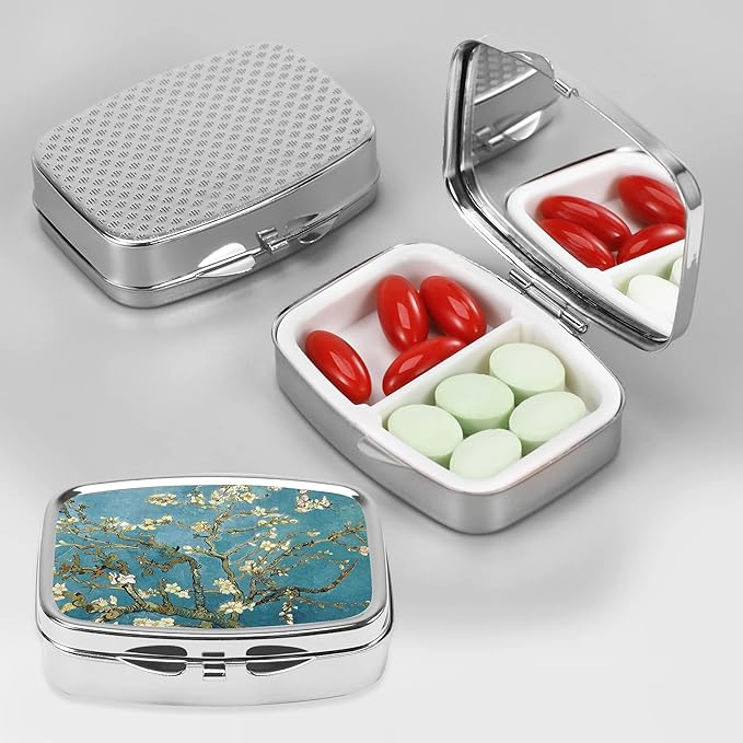 Dynippy Pill Case Pill Box with Mirror Retro Pocket 2 Compartment Medicine Case Vitamin Pill Organizer for Pocket Purse and Travel (Silver-Almond Blossom)