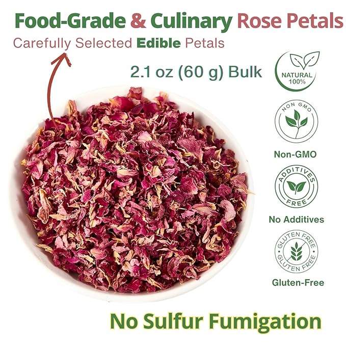 Dried Rose Petals Edible, 2.1oz (60g) Food Grade Rose Petals Tea– Culinary Roses Petals for Tea, Drinks, Baking & Cocktails, Edible Flower Petals for Cake Decorating, Desserts