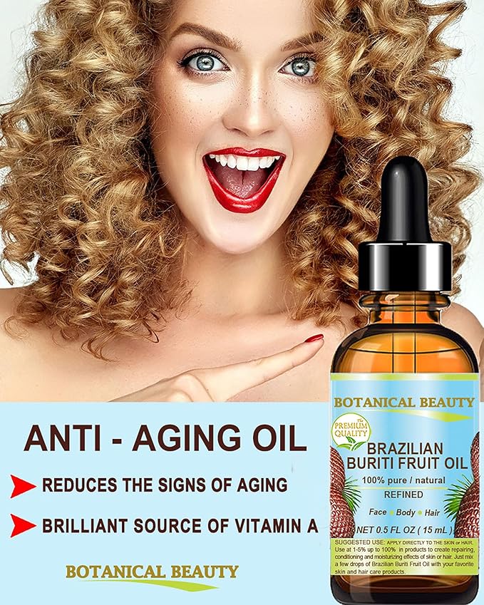 Botanical Beauty Brazilian BURITI FRUIT OIL 100% Pure Natural Refined Cold Pressed Carrier Oil Undiluted 0.5 Fl Oz - 15 ml for Face, Skin, Body, Hair, Nails