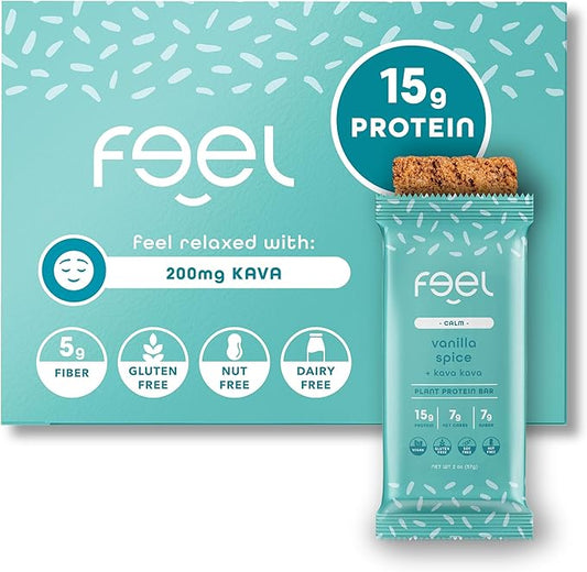 Feel Vegan Protein Bars | Vanilla Spice | Keto | Gluten Free | Organic | Kava | 15g Protein | Low Carb | Dairy Free | Grain Free | Soy Free | Nut Free | Low Sugar | Non GMO - 10 Pack