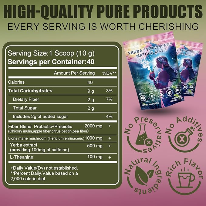 40 Servings (14.1oz) Yerba Mate Instant Tea Powder, 3-in-1 Strawberry Matcha Flavored Low Sugar Super Drink to Support Energy & Focus with Prebiotics and Probiotics