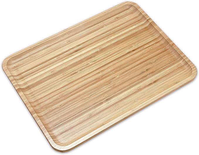 Bam&Boo Bamboo Serving Tray Natural Minimalist Rectangular (15.6” x 11.8" x 0.8") Coffee, Tea, Food, Drinks, Storage, Decor for Home, Kitchen, Bathroom
