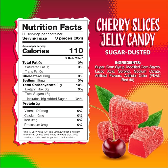 Cherry Slices Jelly Candy | 2 Pound Bag | Soft Sugar Dusted Fruit Slices with Classic Cherry Flavor | Fruit Jellies for Candy Buffets, Decoration, and Party Favors