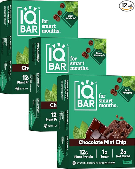 IQBAR Brain and Body Plant Protein Bars - Chocolate Mint Chip - 36-Count - Keto, Vegan, Low Carb, High Fiber, Gluten Free, Dairy Free, Low Sugar Snack with Nutrients for Focus, Energy, Meal Replacement