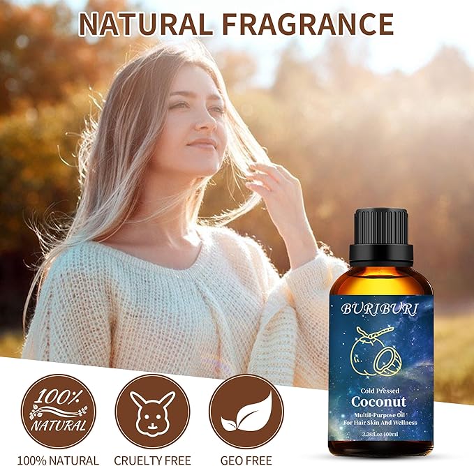 BURIBURI Coconut Essential Oil 100ml Premium Grade Scented Oil Coconut Fragrance Oil Carrier Oil for Diffusers, Massage, Candle Making Soap Making