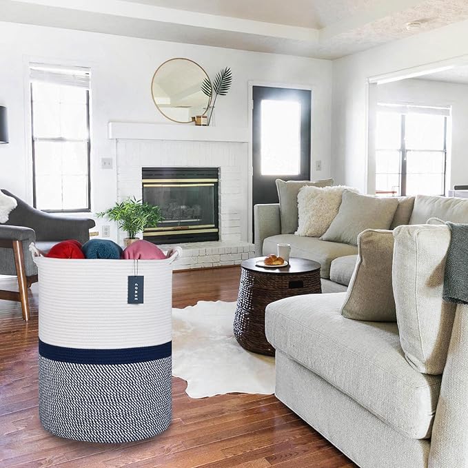 COMSE Extra Large Blanket Basket, Tall Woven Storage Basket, Nursery Hamper, 15.7”x 21.7”, Cotton Rope Laundry Hamper for Toys Clothes Towels, Blend White/Navy Blue