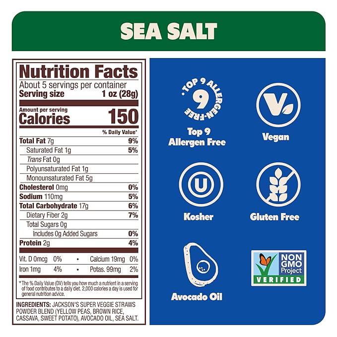 Jackson’s Super Veggie Straws™ (Sea Salt, 5 oz, Pack of 6) – Gluten Free, Vegan, Snacks for Kids & Adults – Made with Premium Avocado Oil – Allergen-friendly, Veggie Straws Individual Bags