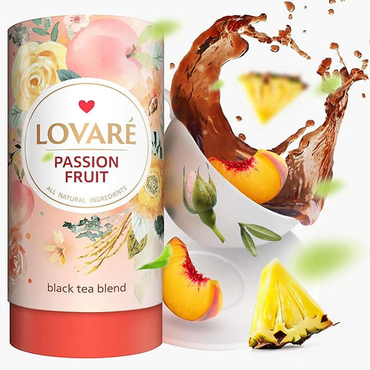 LOVARE Passion Fruit Loose Leaf Tea 80 g - Made in Ukraine - Black Tea, Orange Peel, Rosebuds, Calendula Petals, Safflower Petals, Pineapple, Peach with 15 Paper Filters