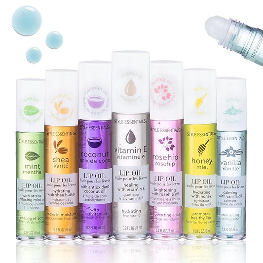 EXPRESSIONS 7pc Lip Oil Collection with Essential Oils - Hydrating Roll On Lip Oils Infused w/Natural Healing Essential Oils - Rollerball Lip Oils, Vitamin Enriched Lip Glow Oil Set