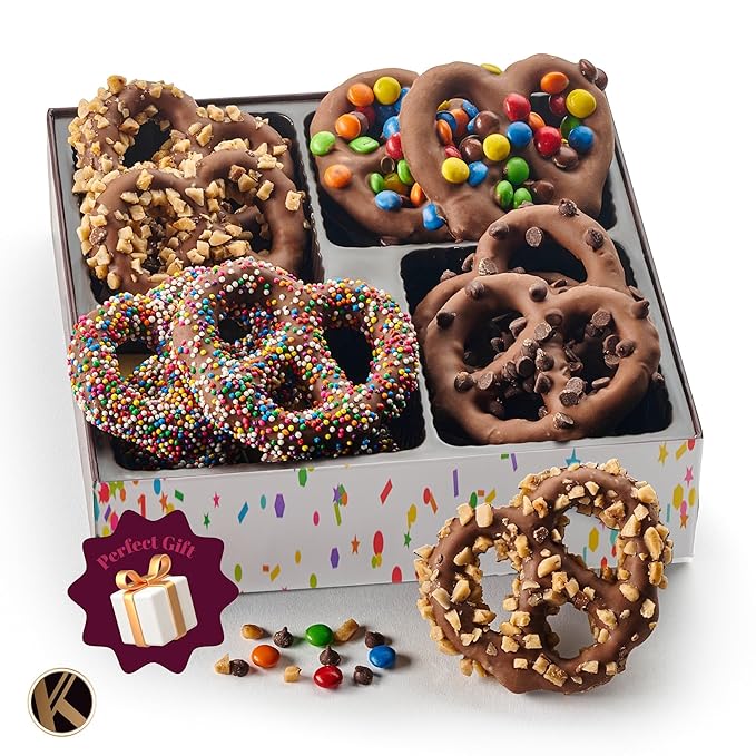 KREMERY Creamy Chocolate Cravings - Diwali Sweets Hamper Chocolate Covered Pretzel Twists & Grahams Cookies Gift Basket, in Brown Gift Box (12 Count, Assorted Sweet Toppings)