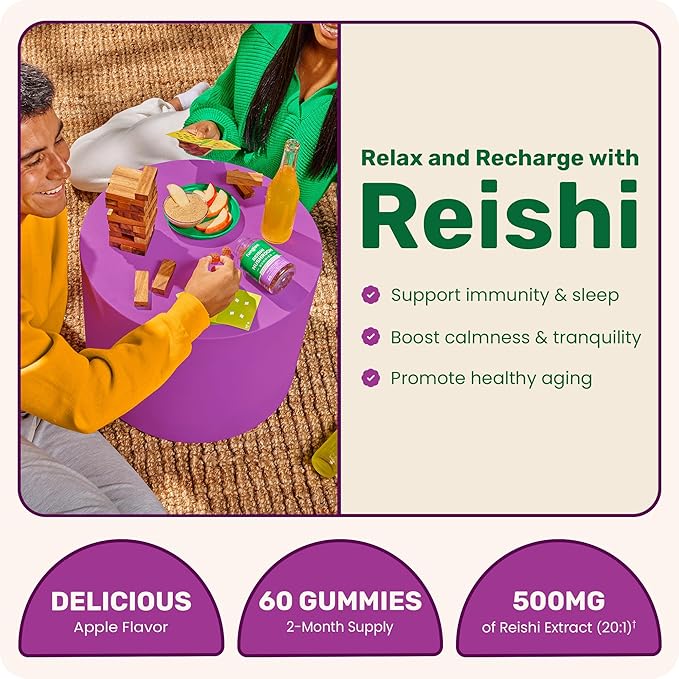 Fungies Reishi Mushroom Gummies, Delicious Apple Flavor - Mushroom Herbal Supplement Gummy for Adults Supports Immune Health, Relaxation & Healthy Aging - Calming Gummies for Sleep - 60 Servings