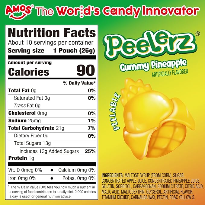 AMOS Peelerz Pineapple Gummy Candy, Peelable Fruit-Shaped Candy, 8.47oz Box with 10 Individual Packs – Fun Peeling Gummy Snack Made with Real Juice
