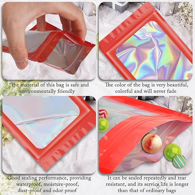 ANZNKU 100 Pcs Smell Proof Mylar Resealable Bags, Holographic Packaging Bags, Resealable Odor Foil Pouch Zip Bag with Clear Window for Food Storage and Lipgloss, Jewelry Lash (Red, 4.7 x 7.9 Inch)